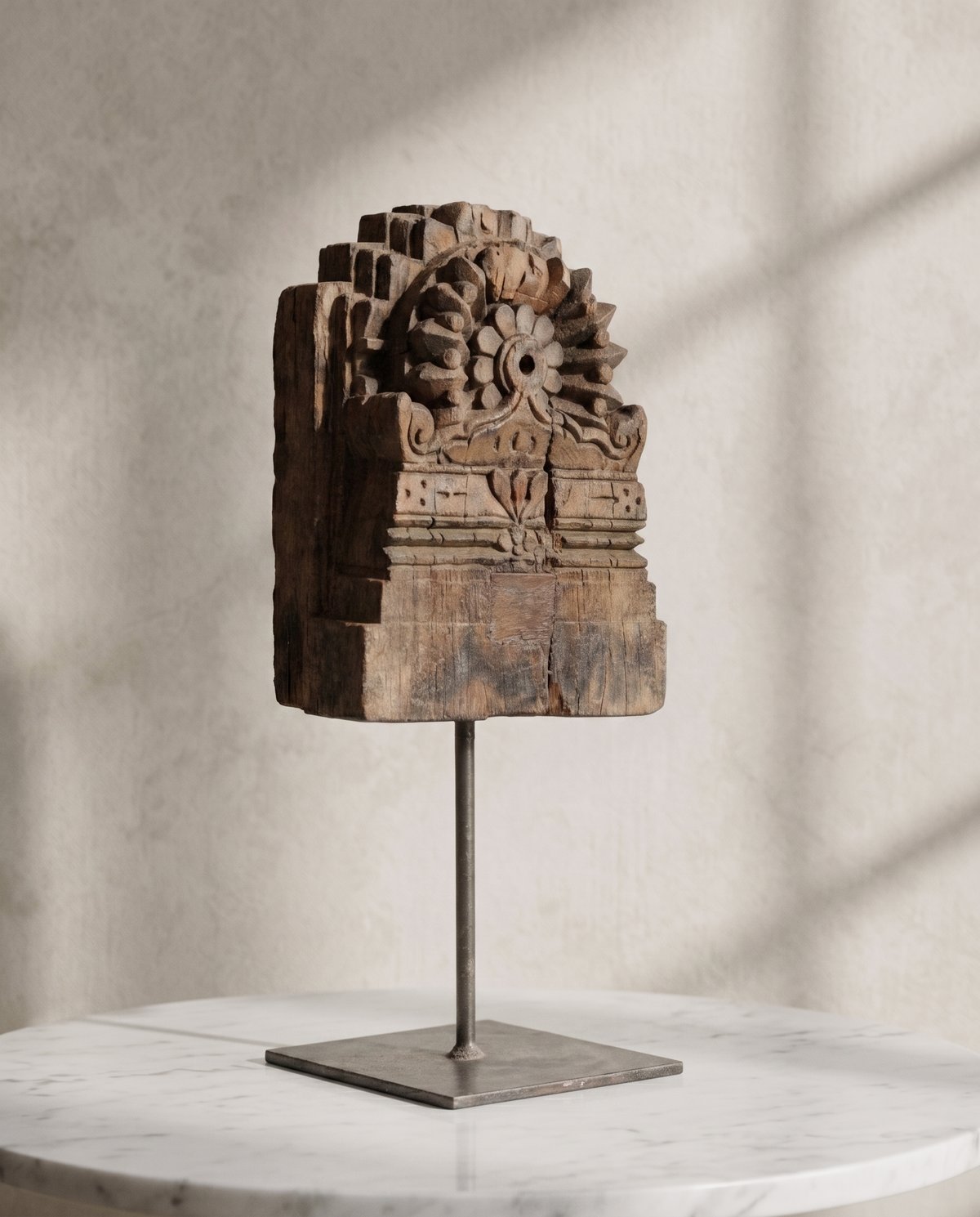 Antique Wooden Block on Iron Stand With Hand Carving