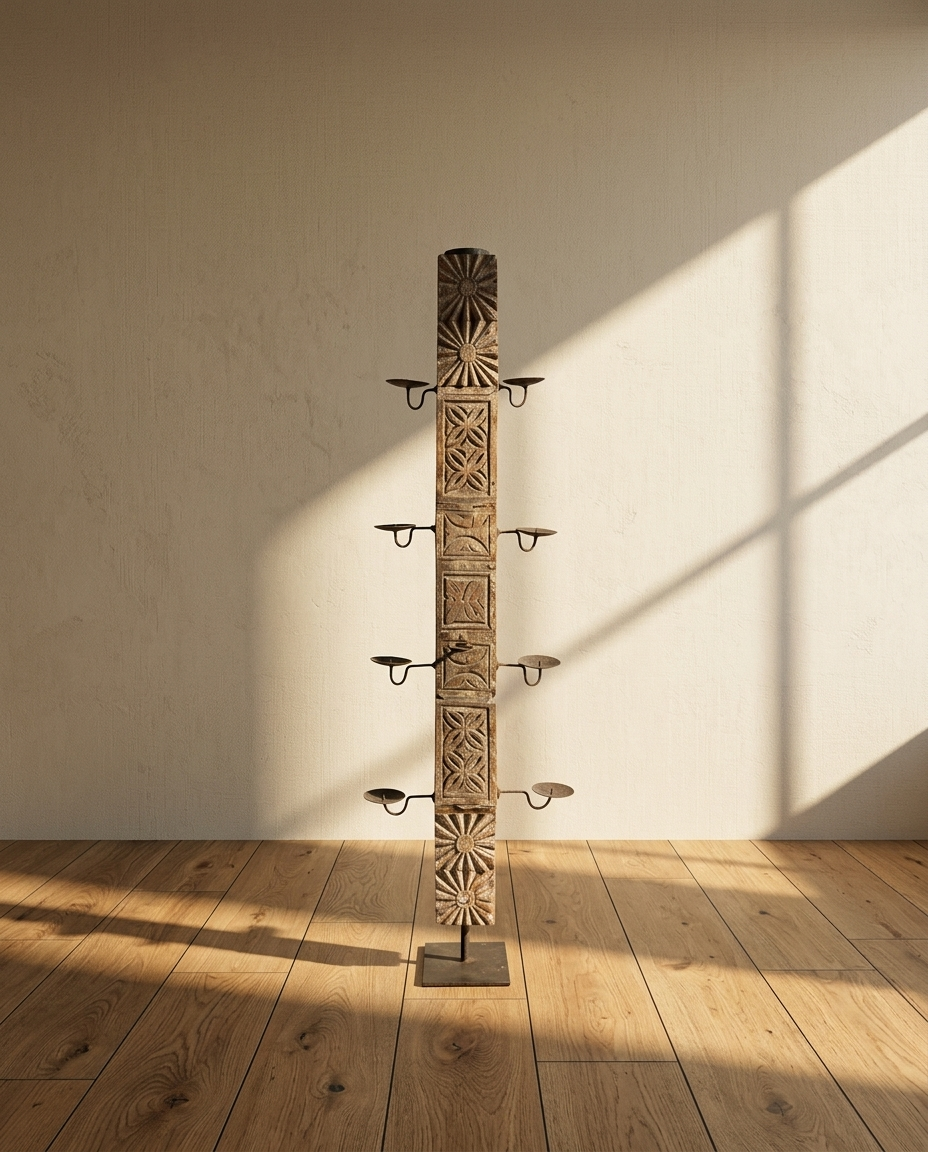 Antique Wooden Hand-Carved Candle Stand – Dark Polish Rustic Décor