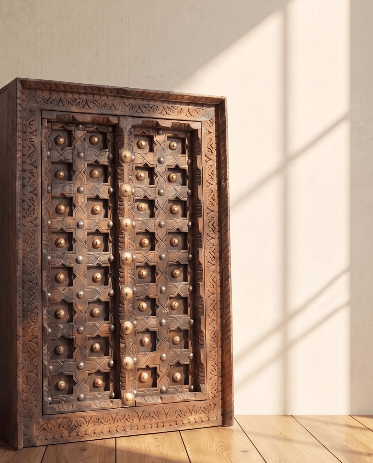 Antique Window Shaped Wall Decor With Brass Studs
