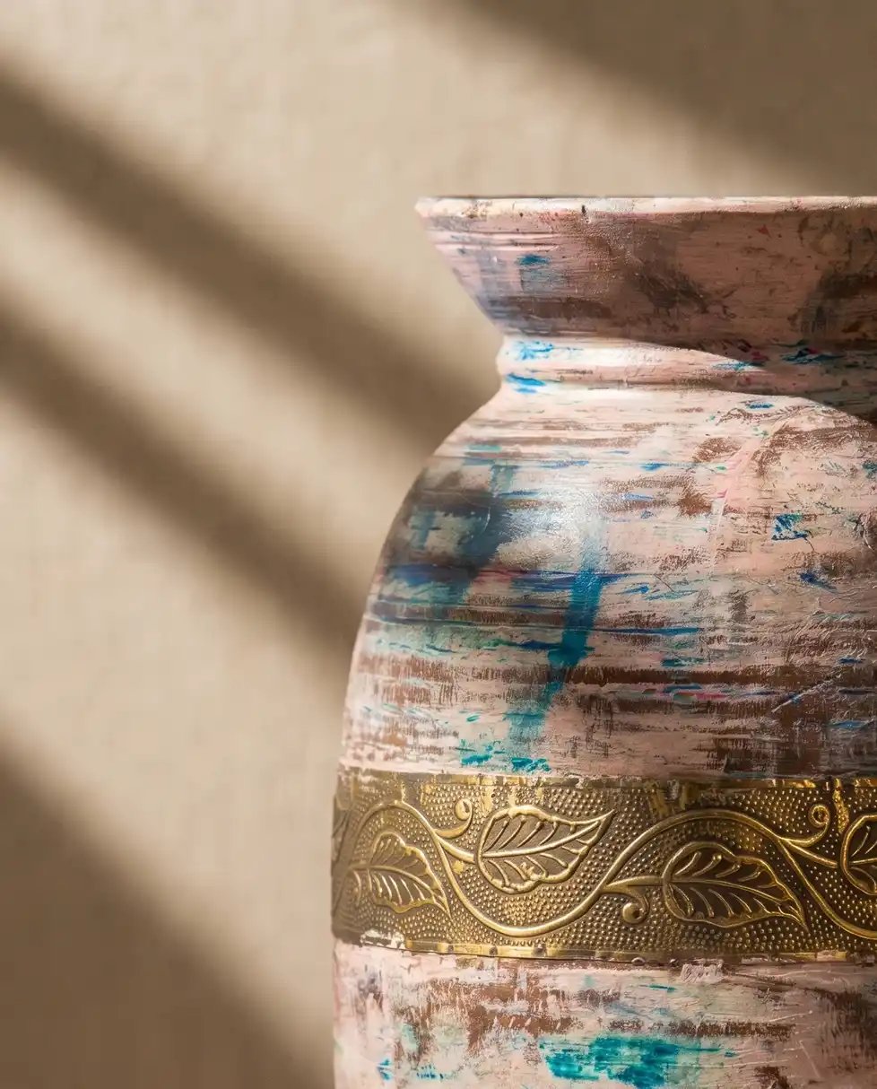 Handcrafted Colourful Distressed Wooden Matka