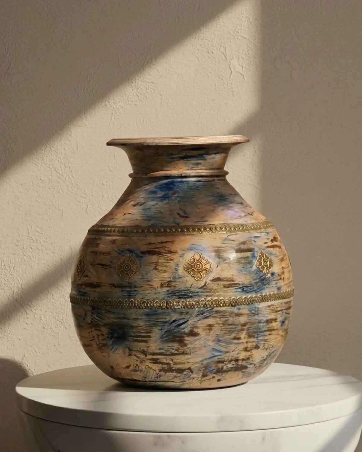 Distressed Wooden Decorative Pot with Brass Strip