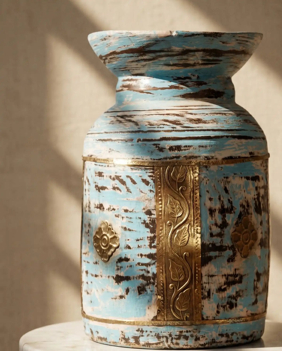 Distressed Blue Wooden Pot
