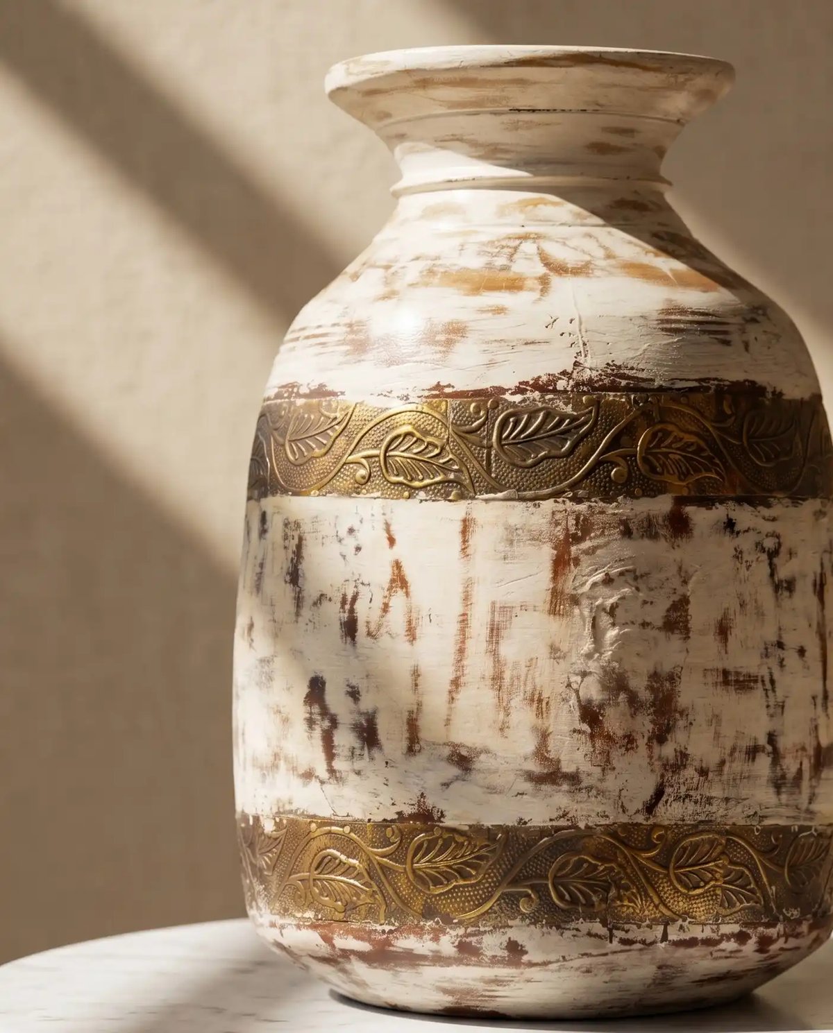 Handcrafted Distressed Blue Wooden Pot with Intricate Brass Detailing