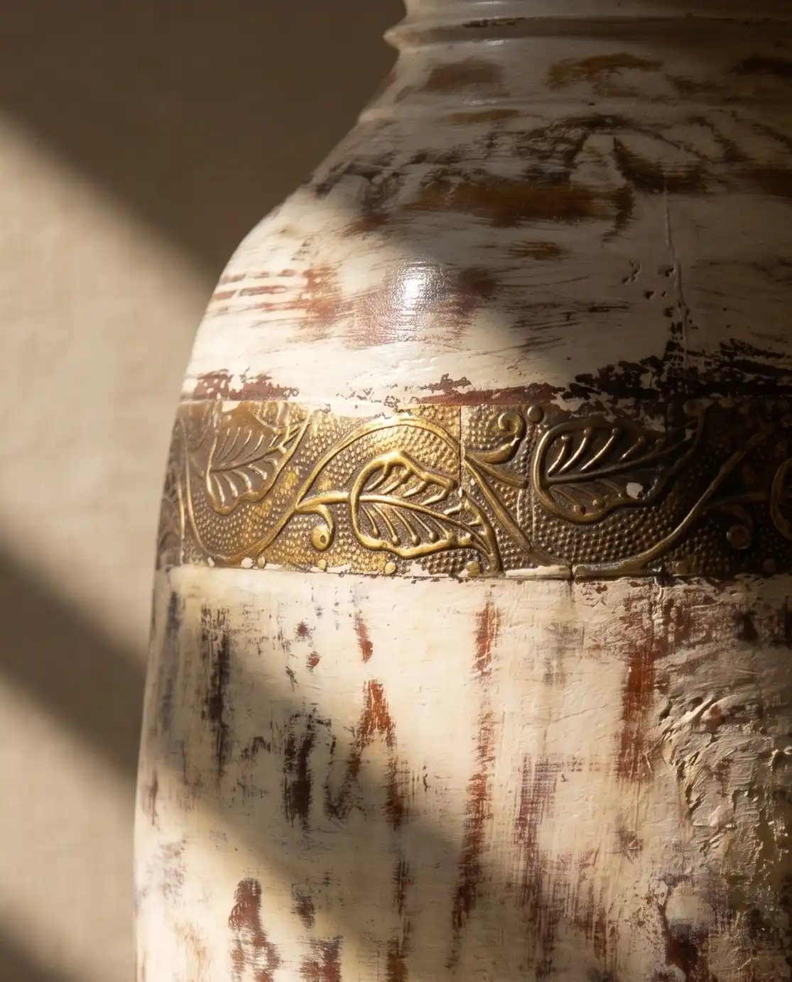 Handcrafted Distressed Blue Wooden Pot with Intricate Brass Detailing