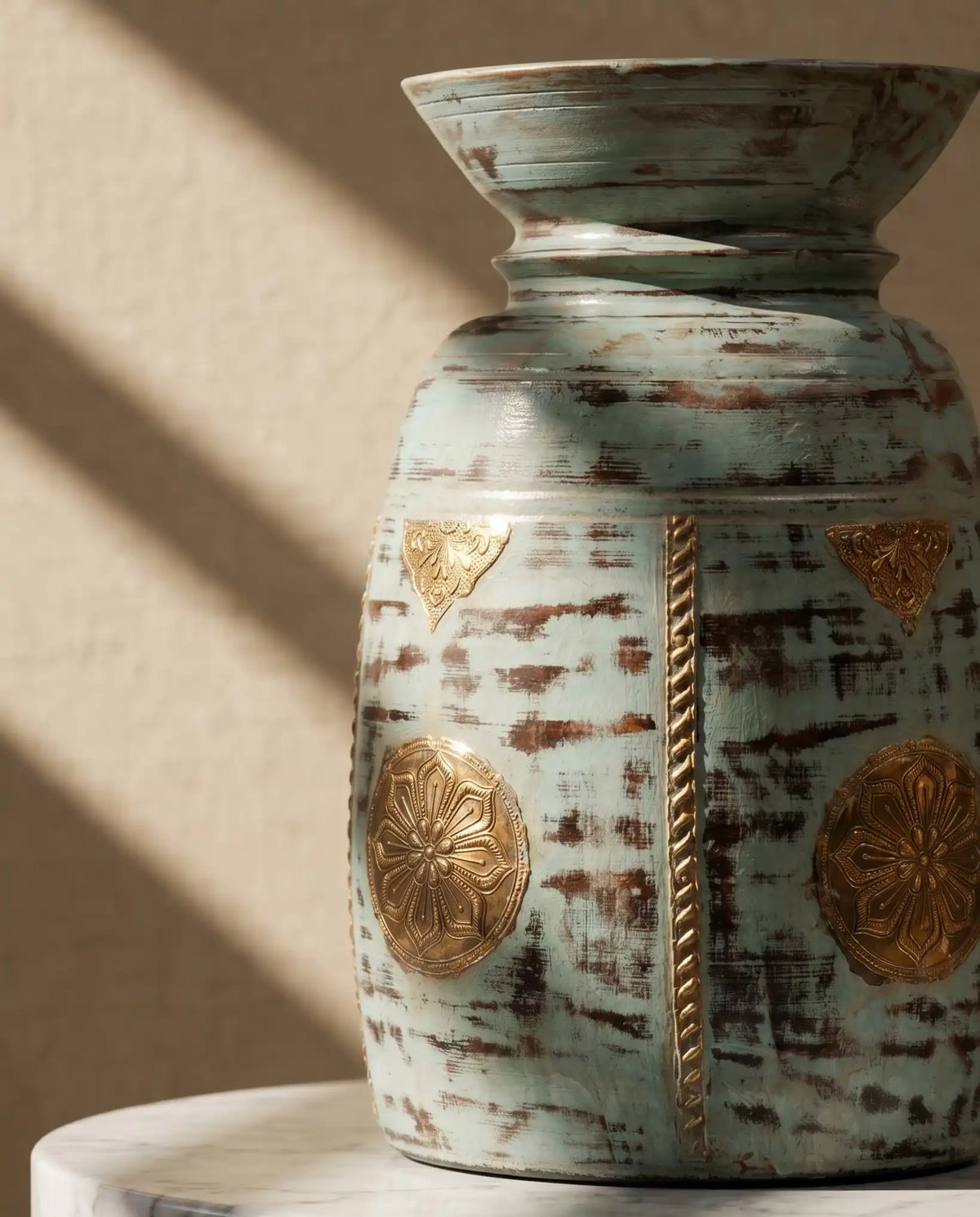 Handcrafted White Distressed Wooden Matka with Intricate Brass Embossing
