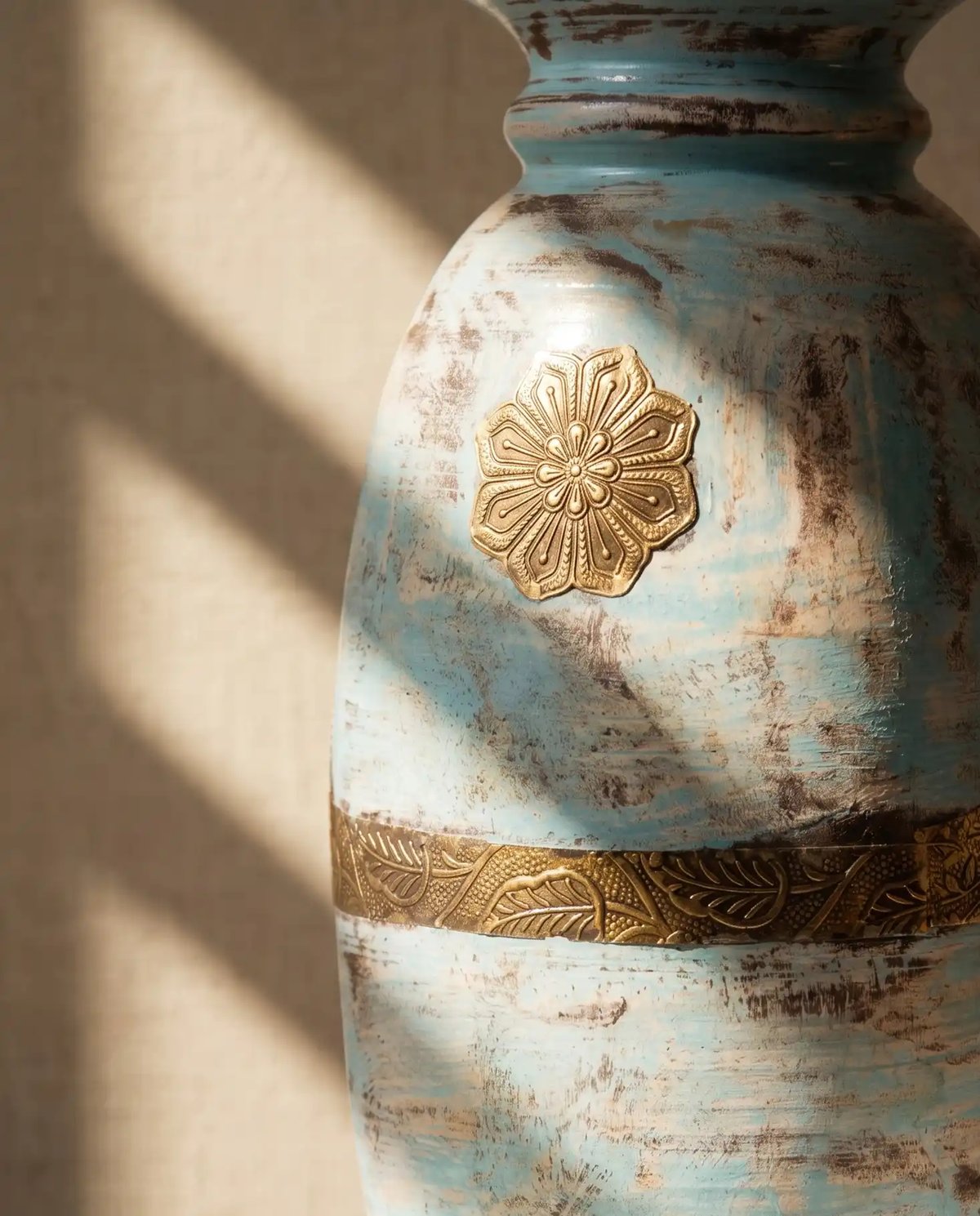 Timeless Wooden Blue Vintage Pot with Brass Work