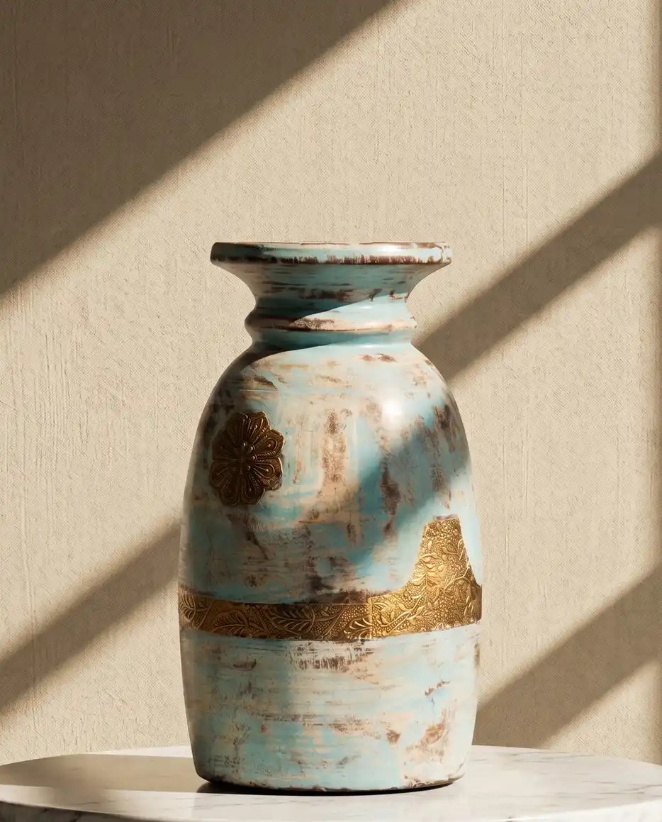 Timeless Wooden Blue Vintage Pot with Brass Work