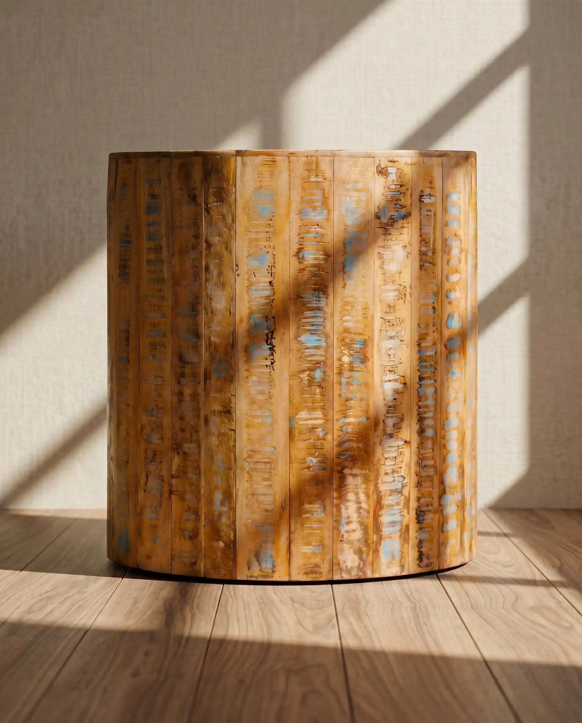 Reclaimed Wood Round Ottoman Rustic Finish