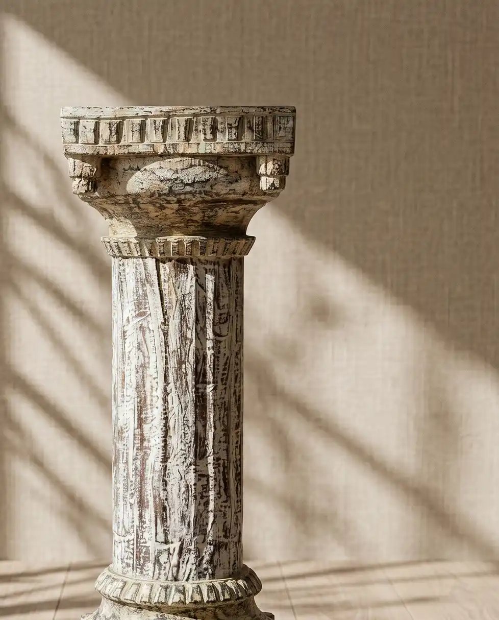 Elegance in Wood - Antique White Carved Side Pillar Stand