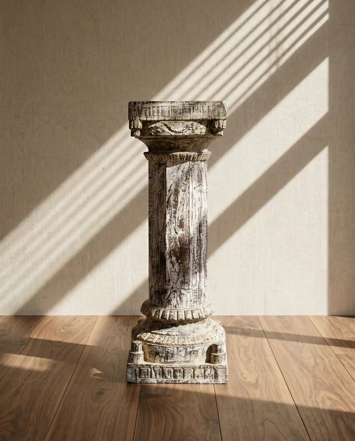 Elegance in Wood - Antique White Carved Side Pillar Stand