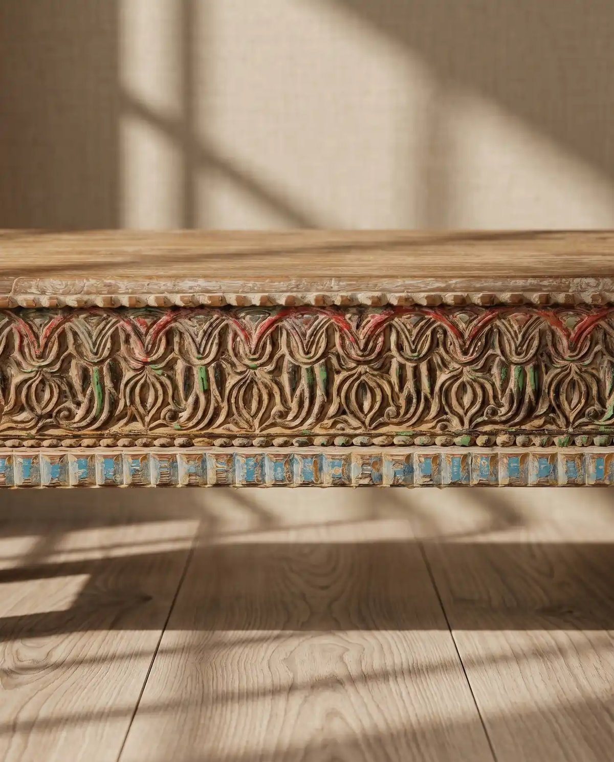 Antique Finish Carved Wooden Bench Large