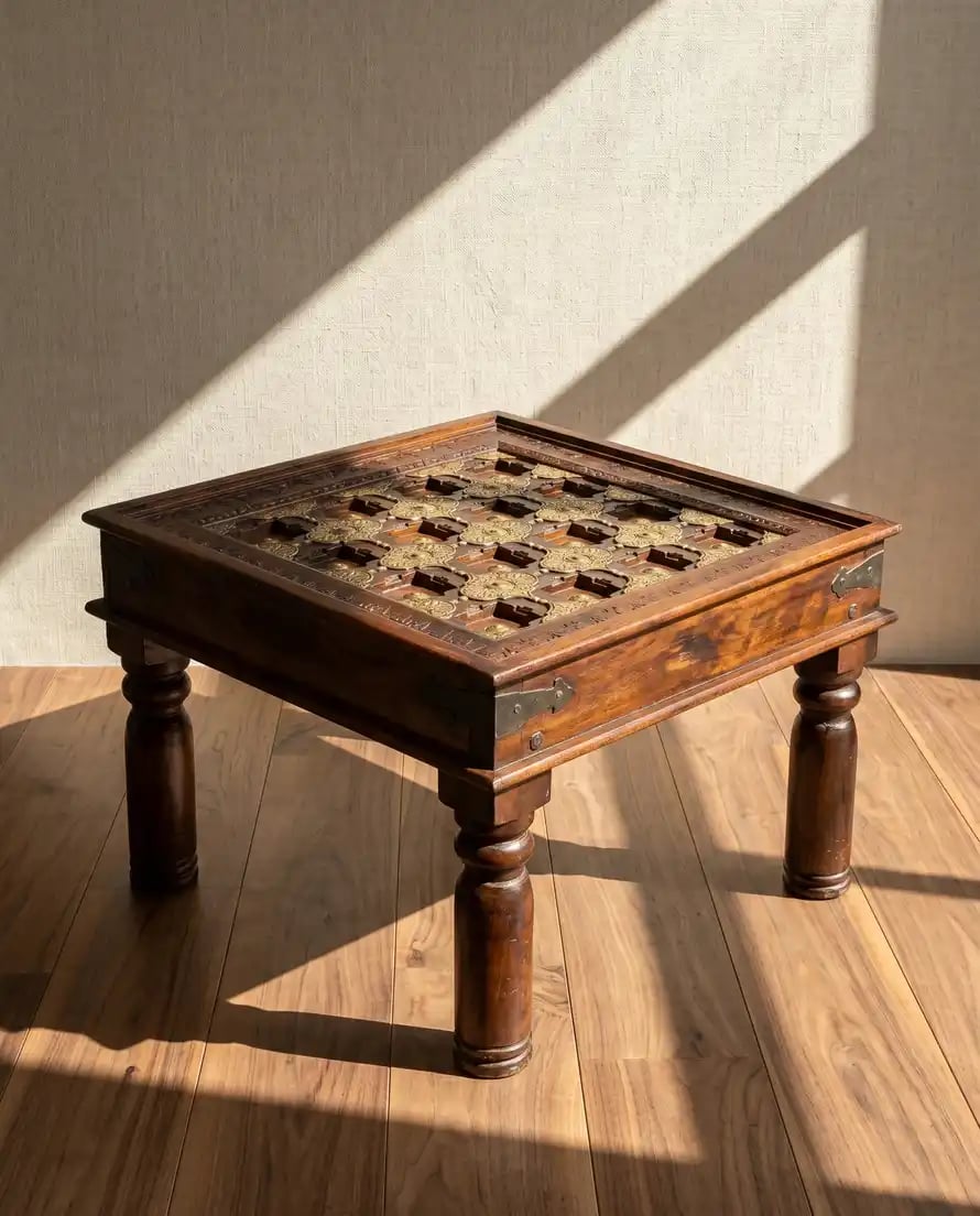 Wooden Carved Table with Embossed Brass Artwork