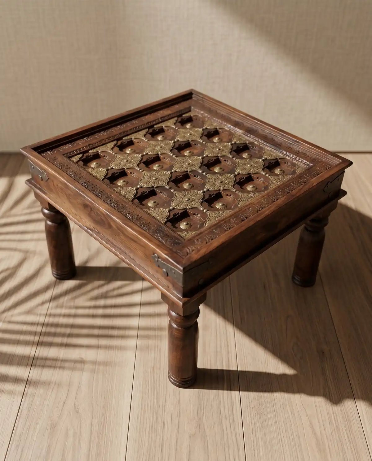 Wooden Carved Table with Embossed Brass Artwork
