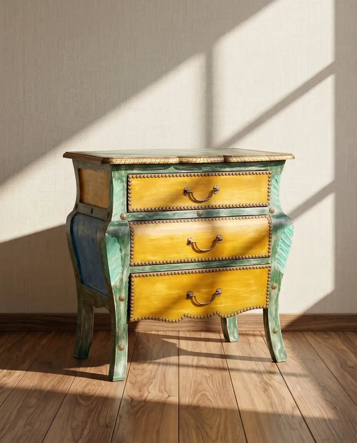 Multicolour Distress Wooden Chest of Three Drawers - Bed Side