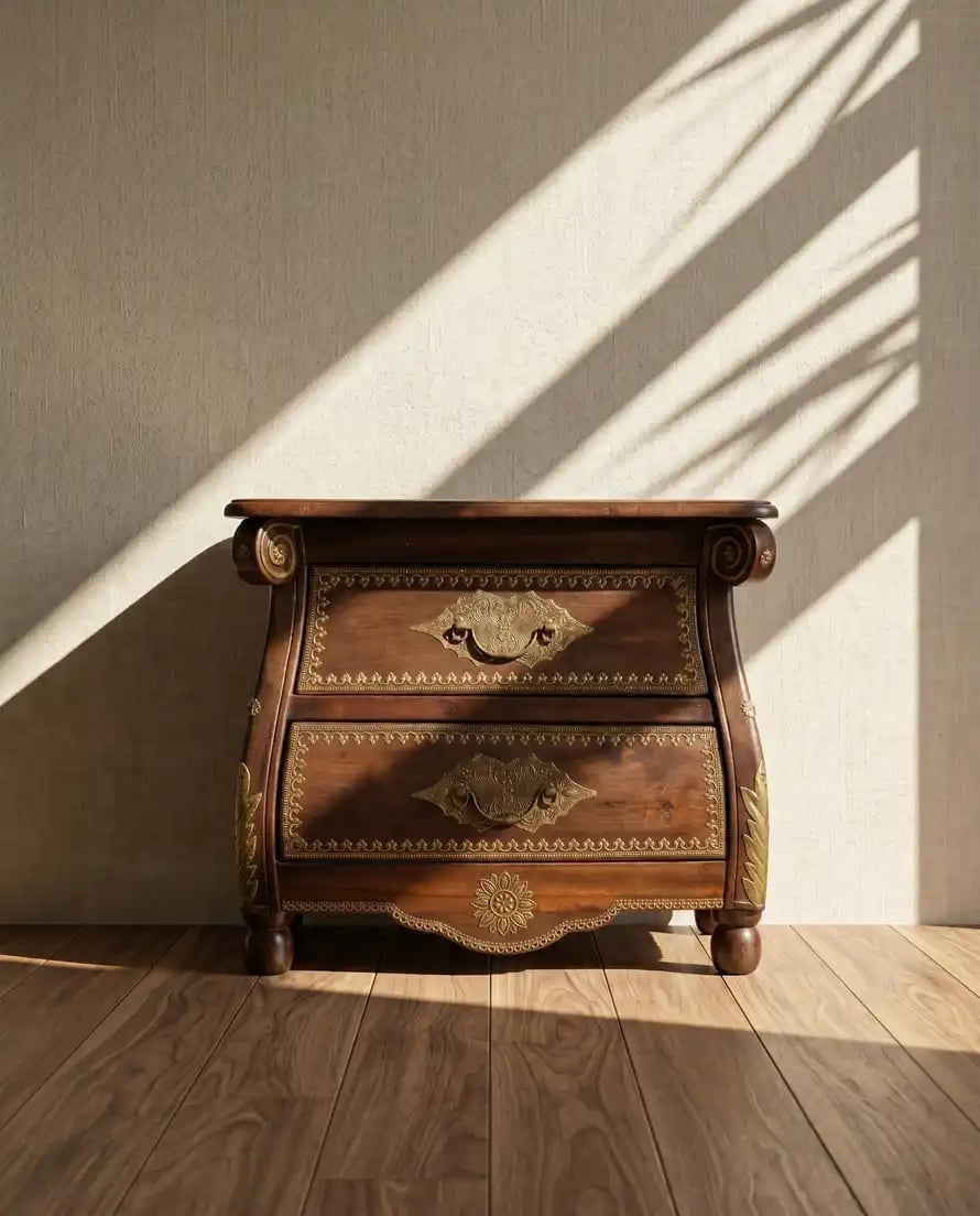 Colonial Style Bedside Cabinet with Indian Brass Artwork
