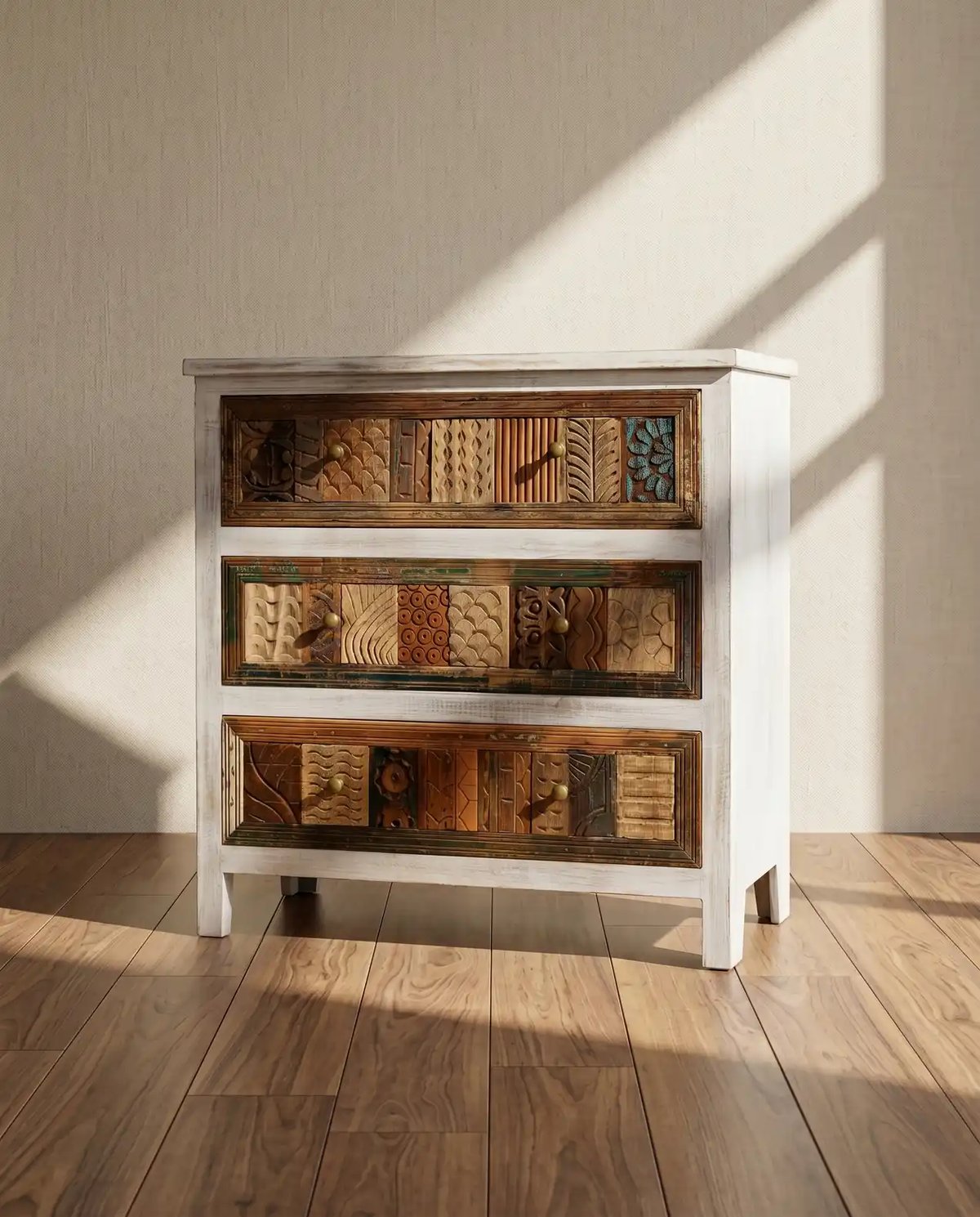 Chest with Natural Wood Drawers Distressed White