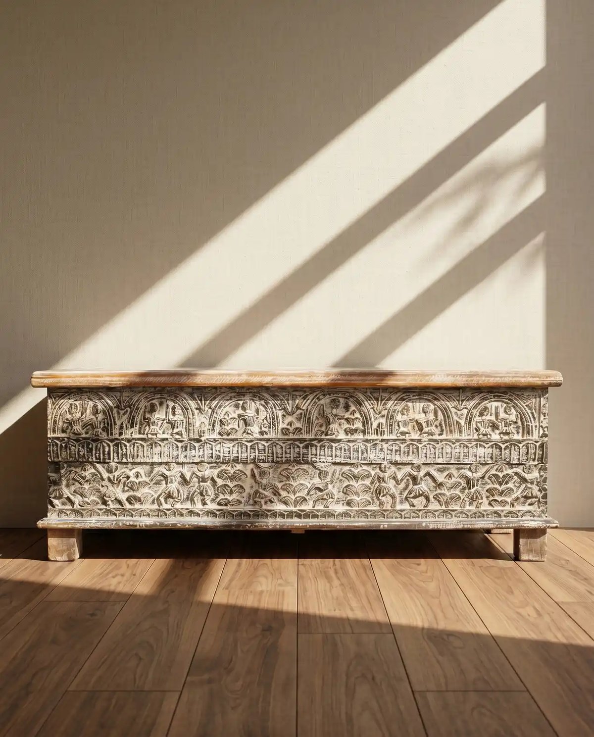 Antique White Wooden Carved Chest Box