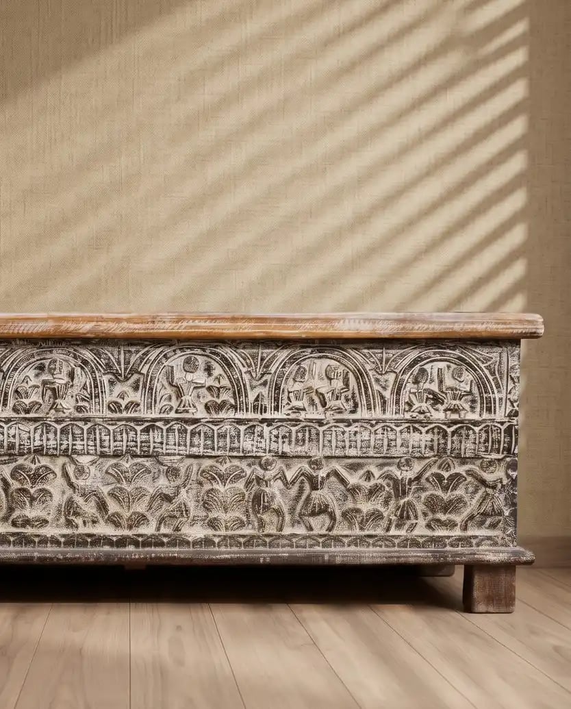 Antique White Wooden Carved Chest Box