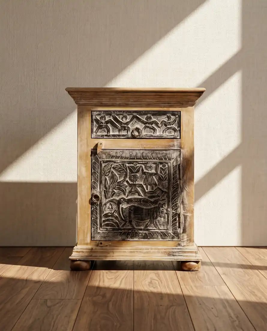 Hand-Carved Tribal Art Wooden Bedside Cabinet
