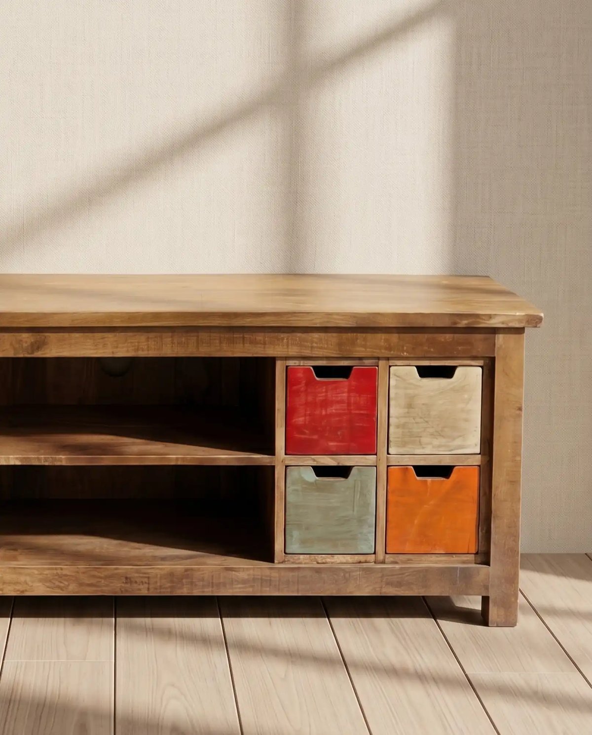 Multi Drawer Wooden Console with Open Shelf – Rustic Finish