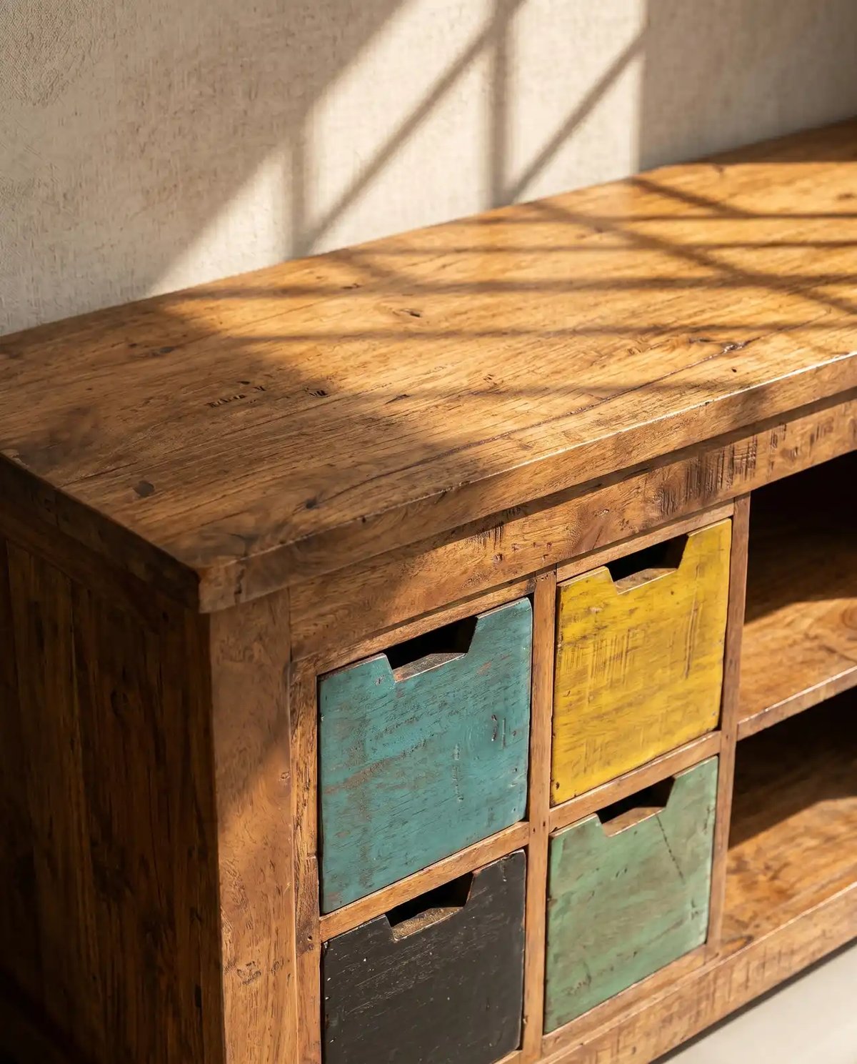 Multi Drawer Wooden Console with Open Shelf – Rustic Finish