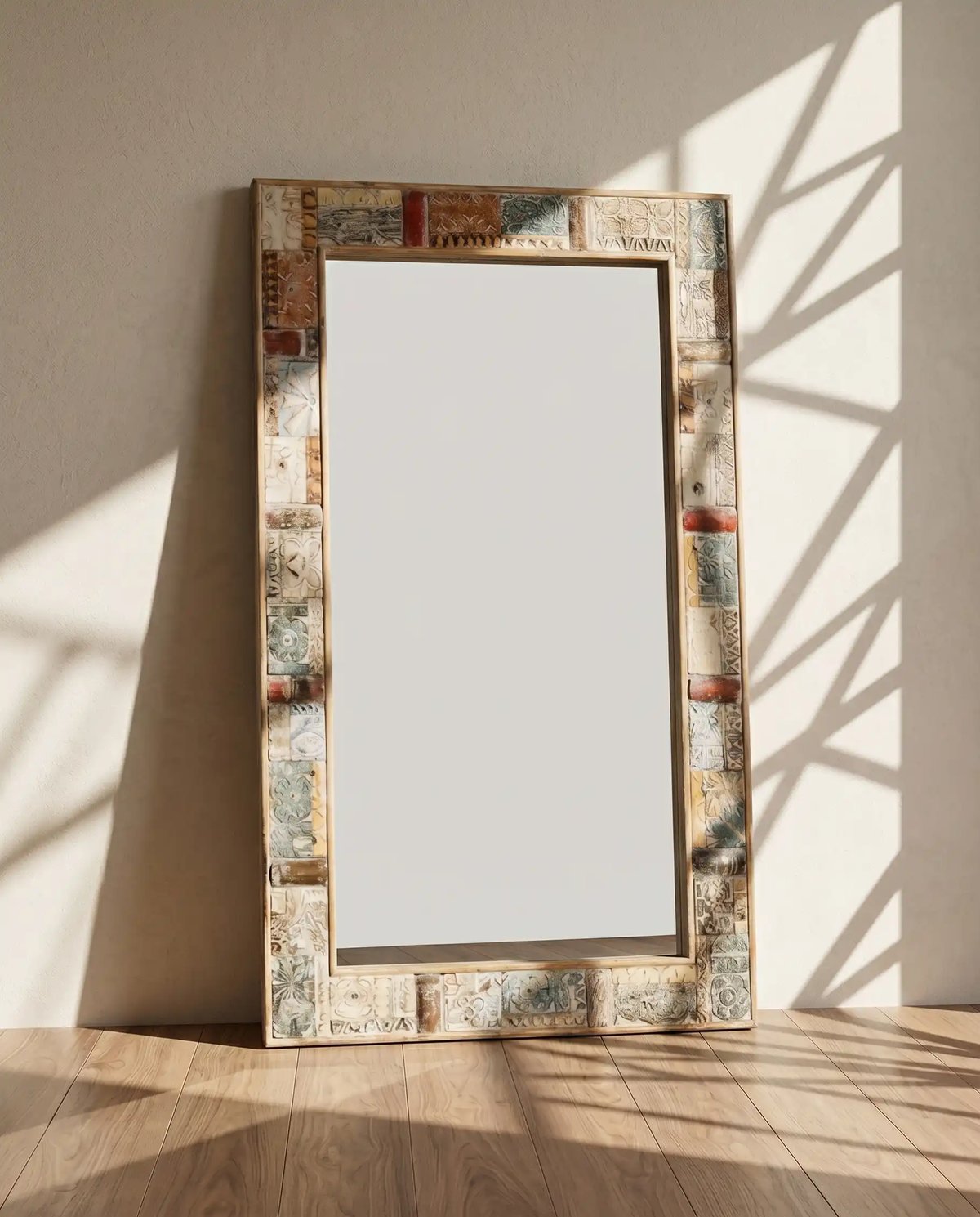 Reclaimed Carved Wood Mosaic Mirror Frame large