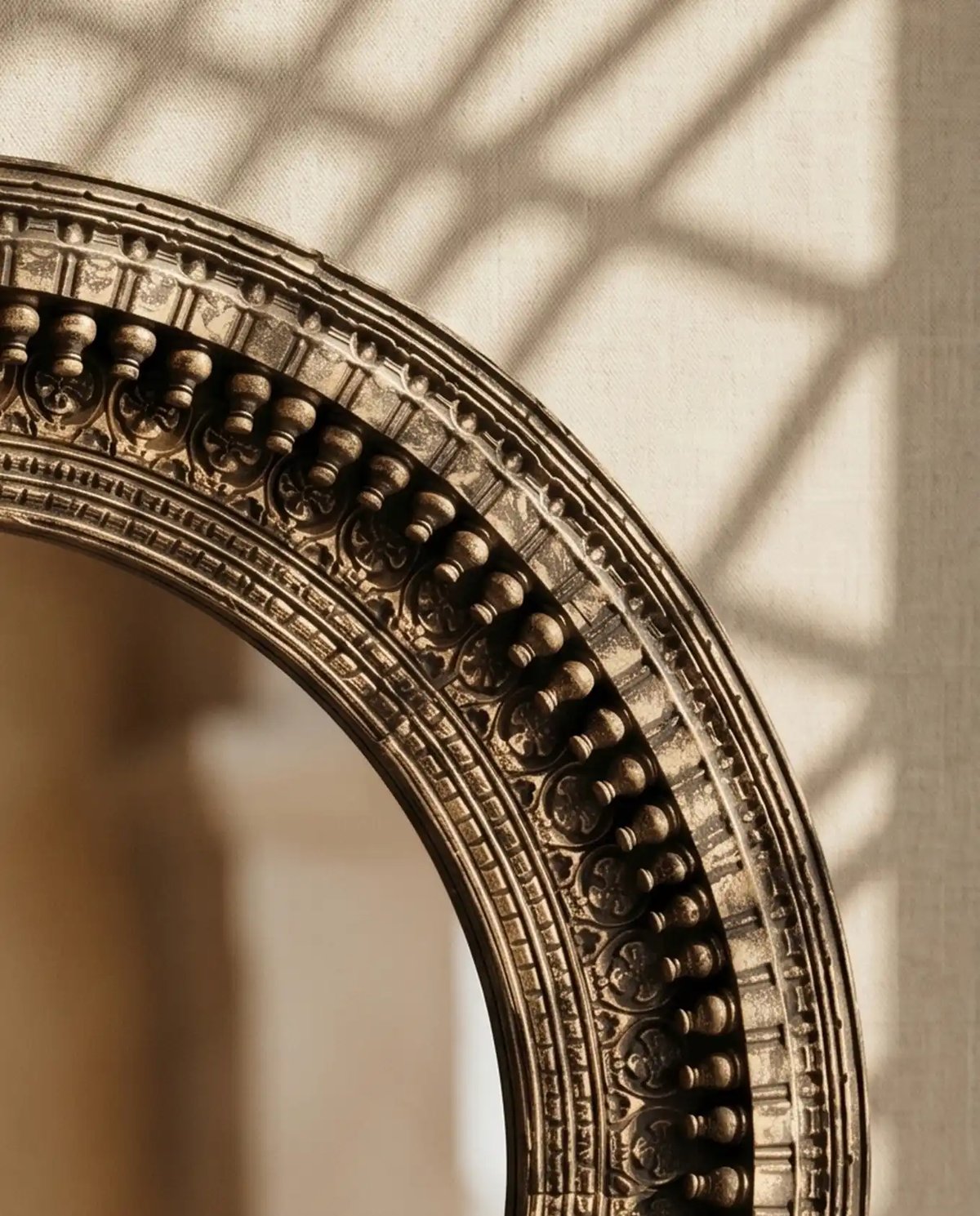 Antique Grey Hand Carved Round Mirror Frame