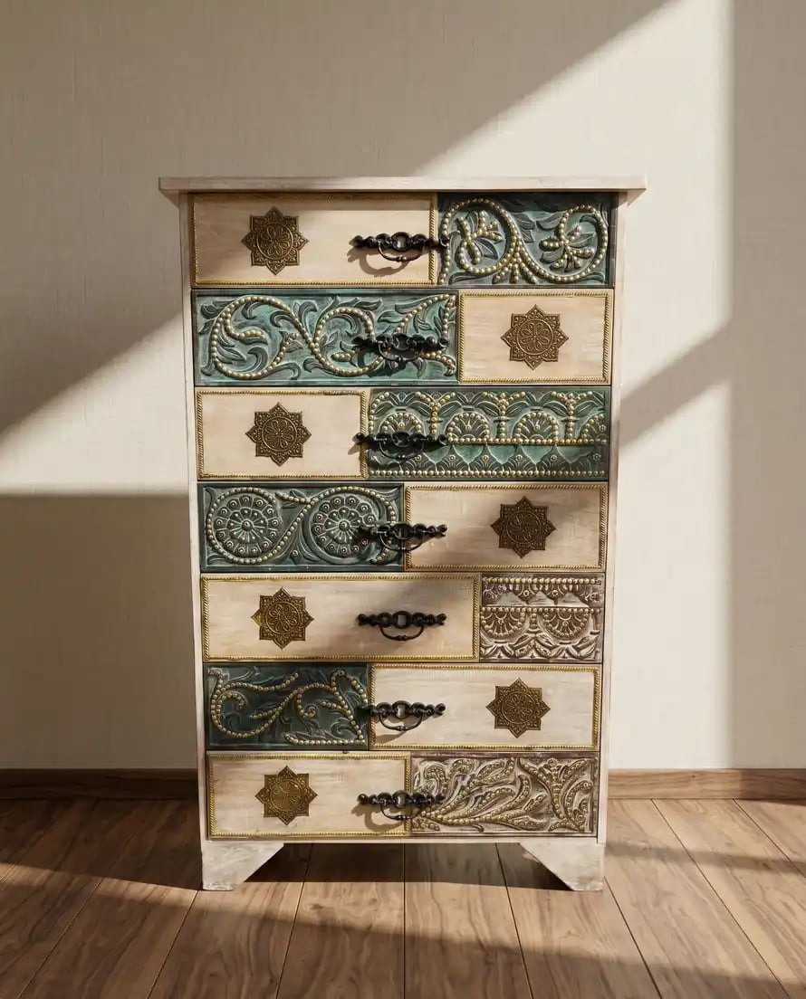 Brass & Natural Wood Wardrobe Cabinet – 5 Ft