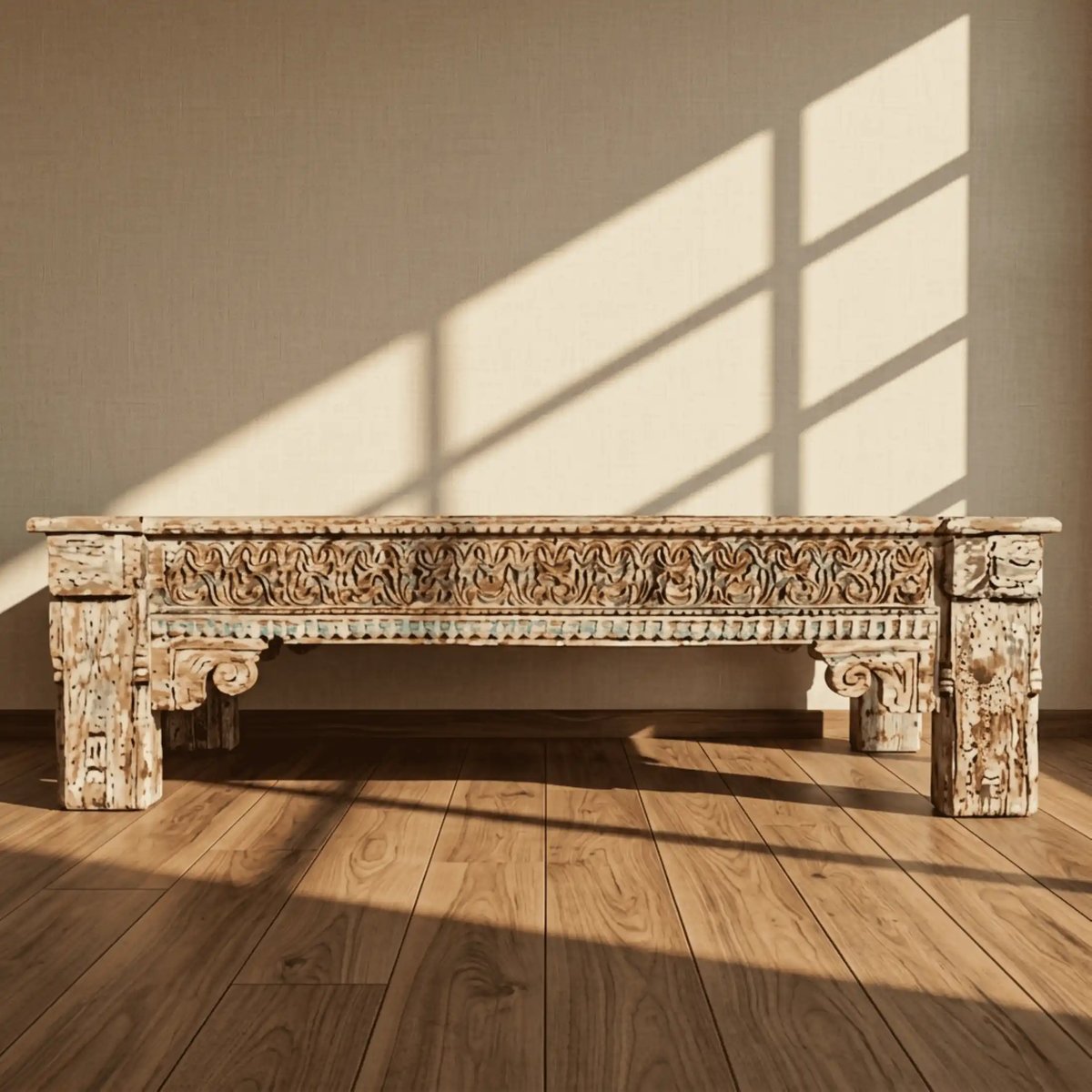 Antique Finish Carved Wooden Bench Large