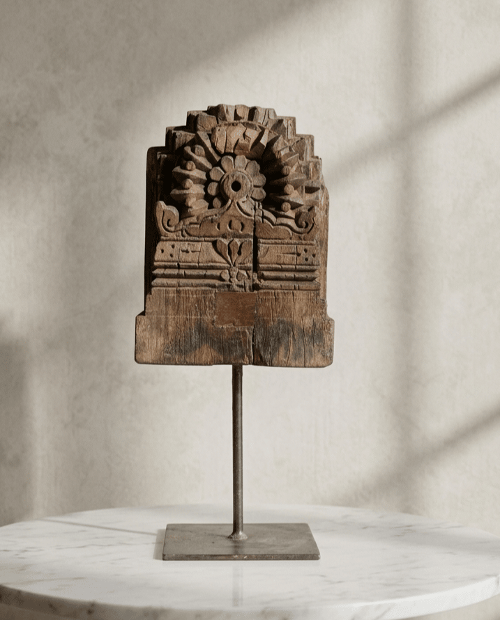 Antique Wooden Block on Iron Stand With Hand Carving