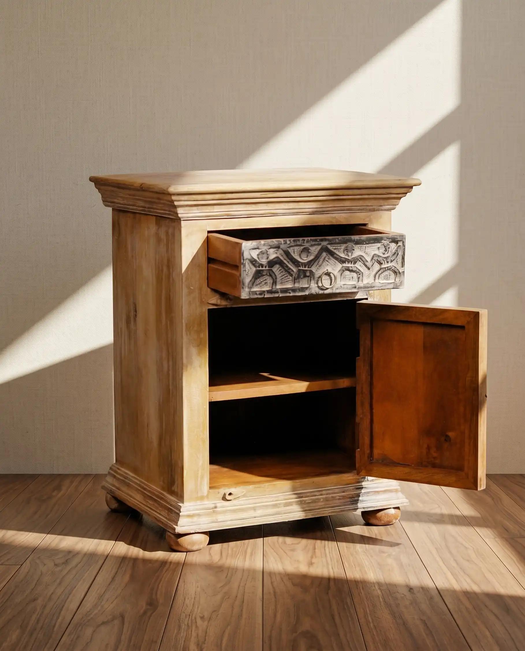 Hand-Carved Tribal Art Wooden Bedside Cabinet alternate view