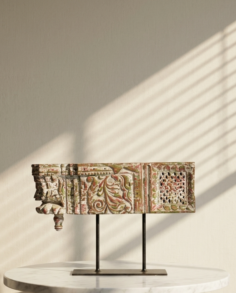 Distressed White Vintage Wooden Carved Candle Holder with a stand