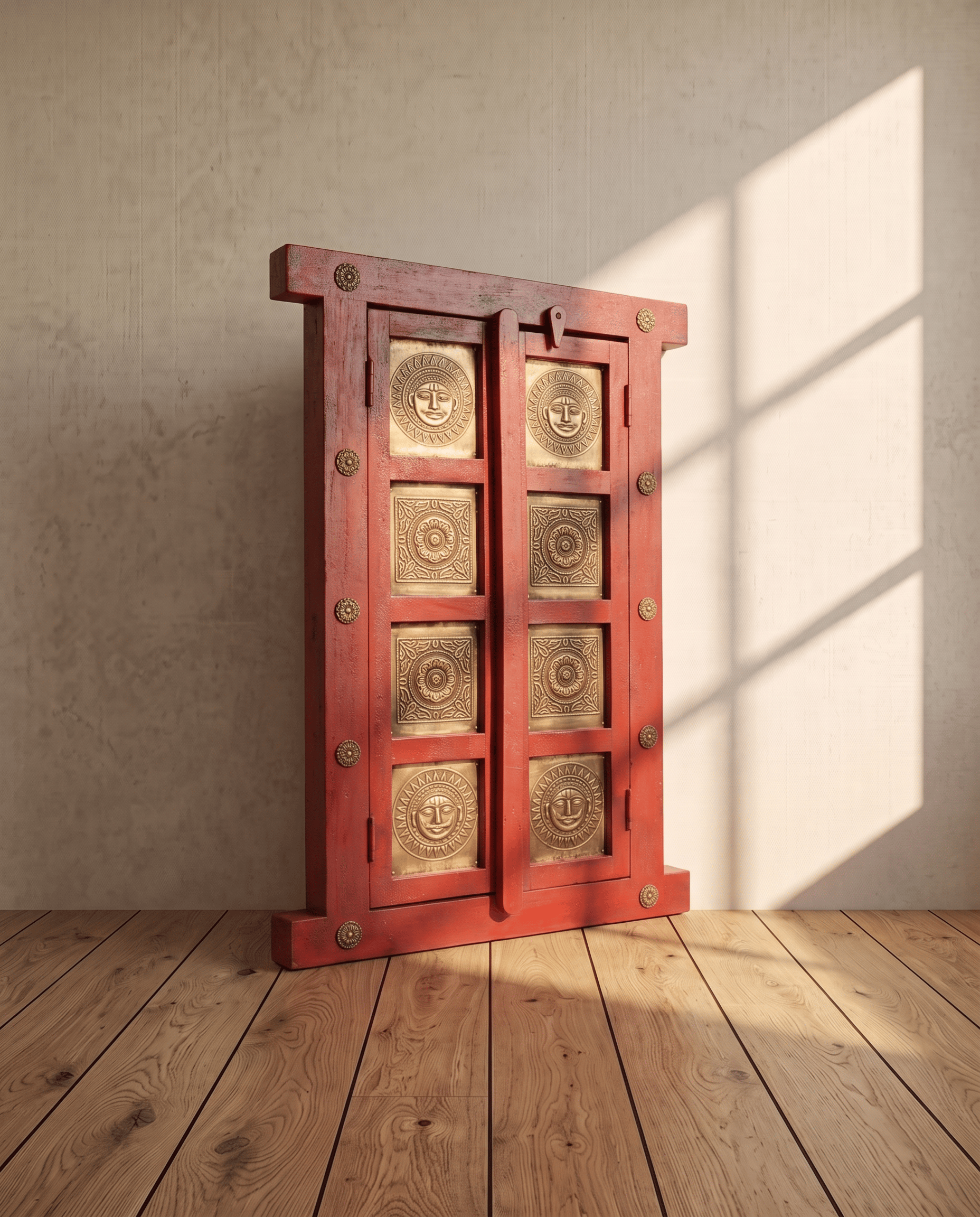Wooden window brass art in red
