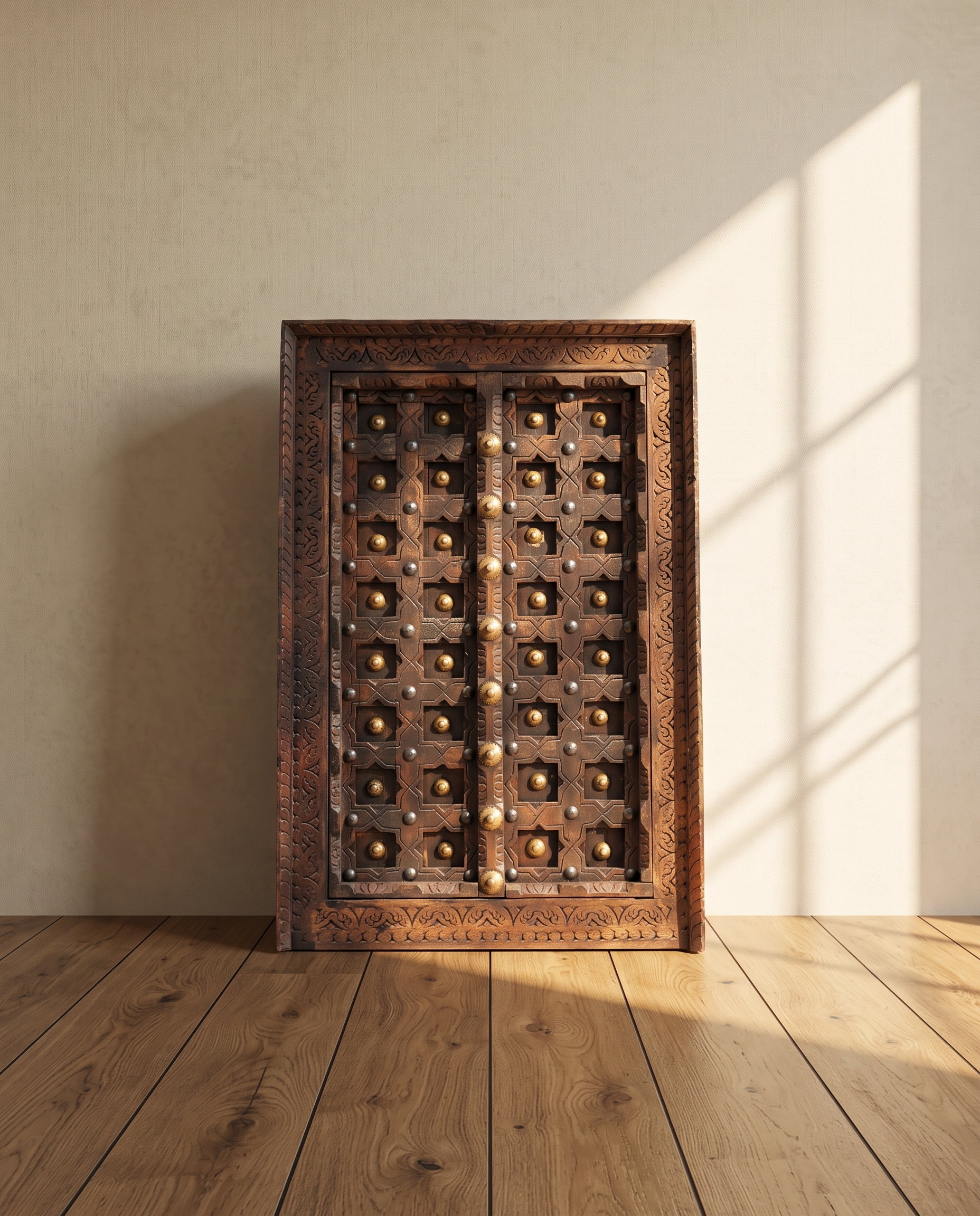 Antique Window Shaped Wall Decor With Brass Studs