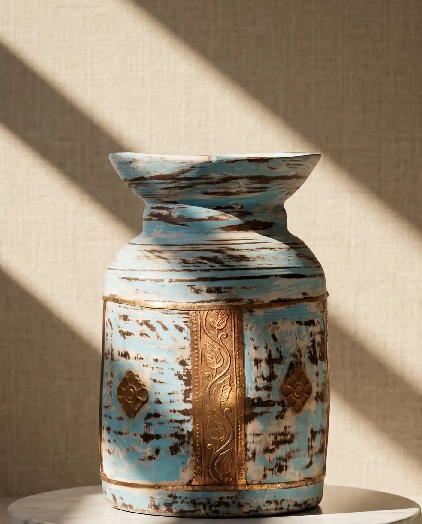 Distressed Blue Wooden Pot
