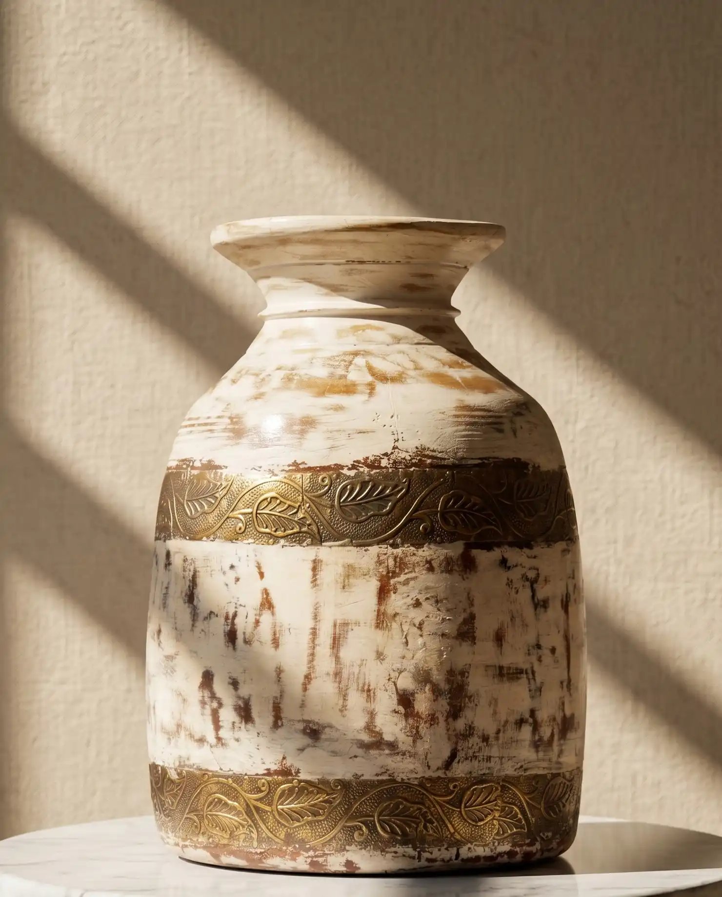 Handcrafted Distressed Blue Wooden Pot with Intricate Brass Detailing