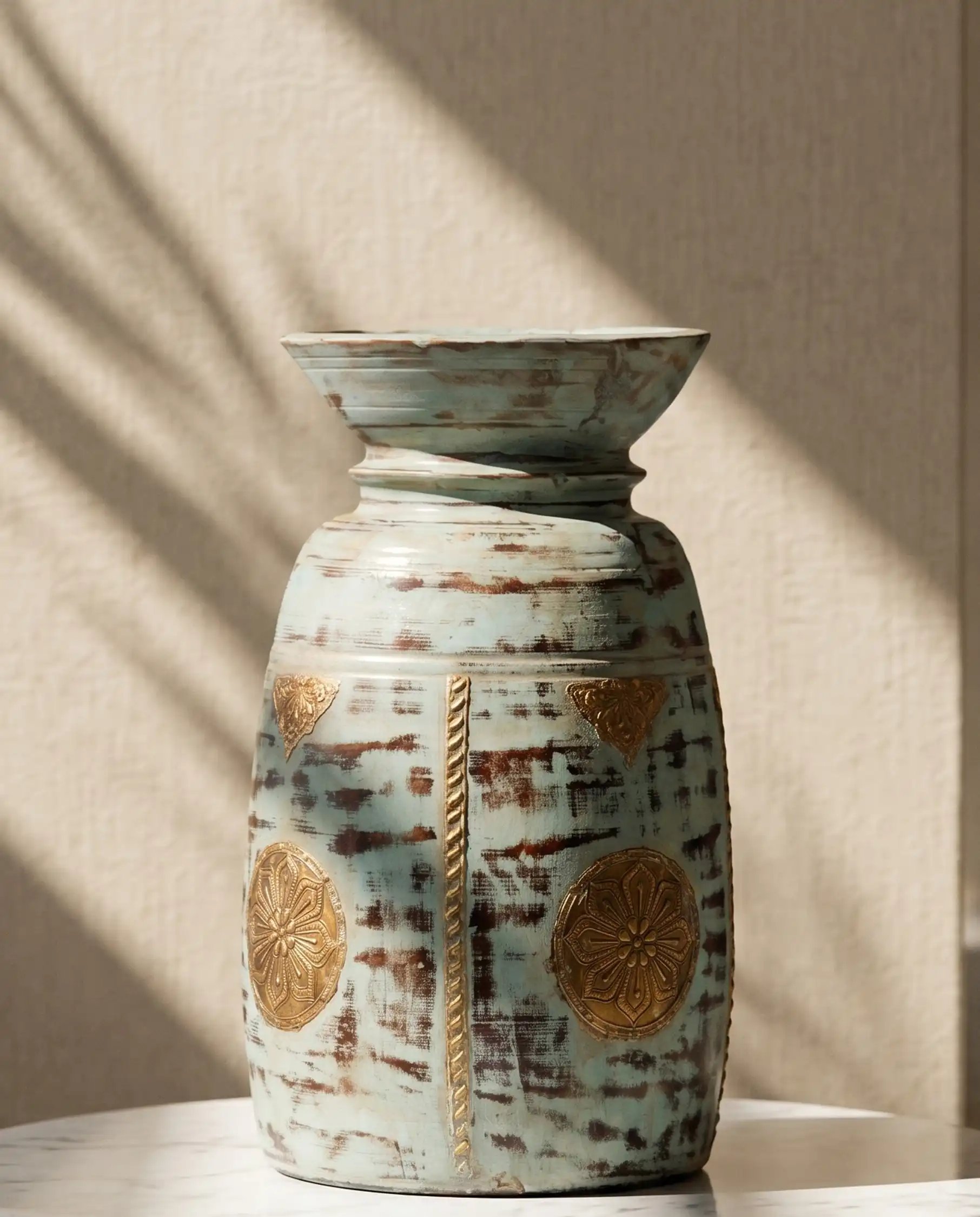 Handcrafted White Distressed Wooden Matka with Intricate Brass Embossing