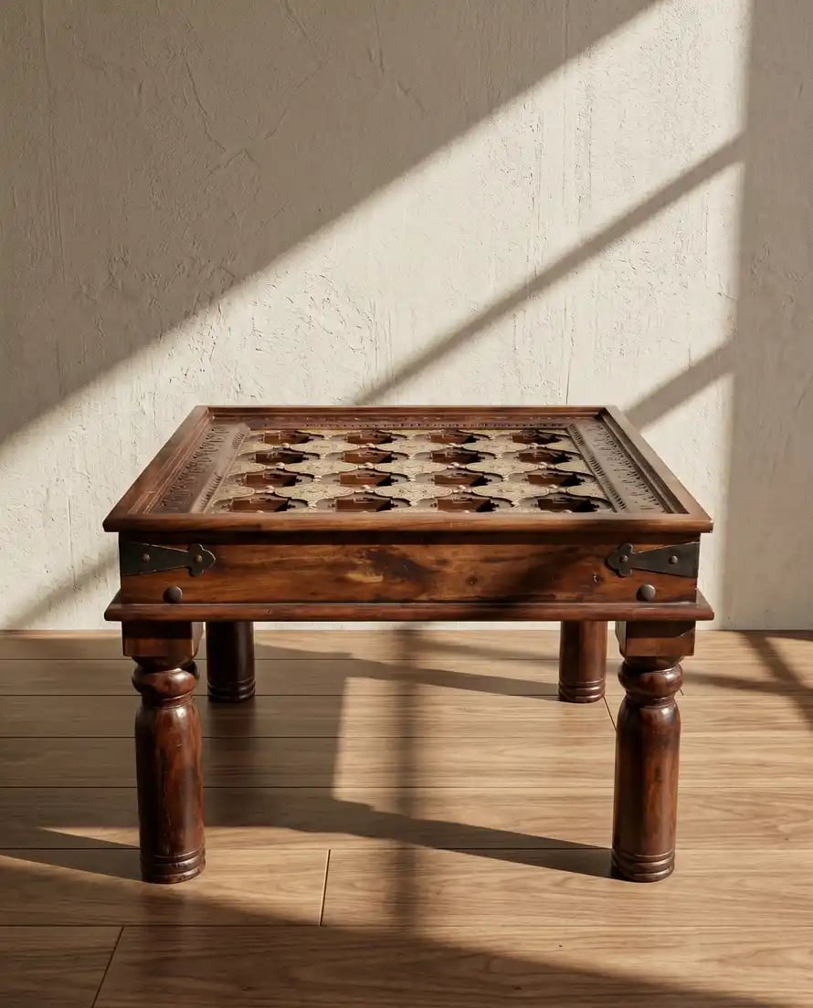 Wooden Carved Table with Embossed Brass Artwork