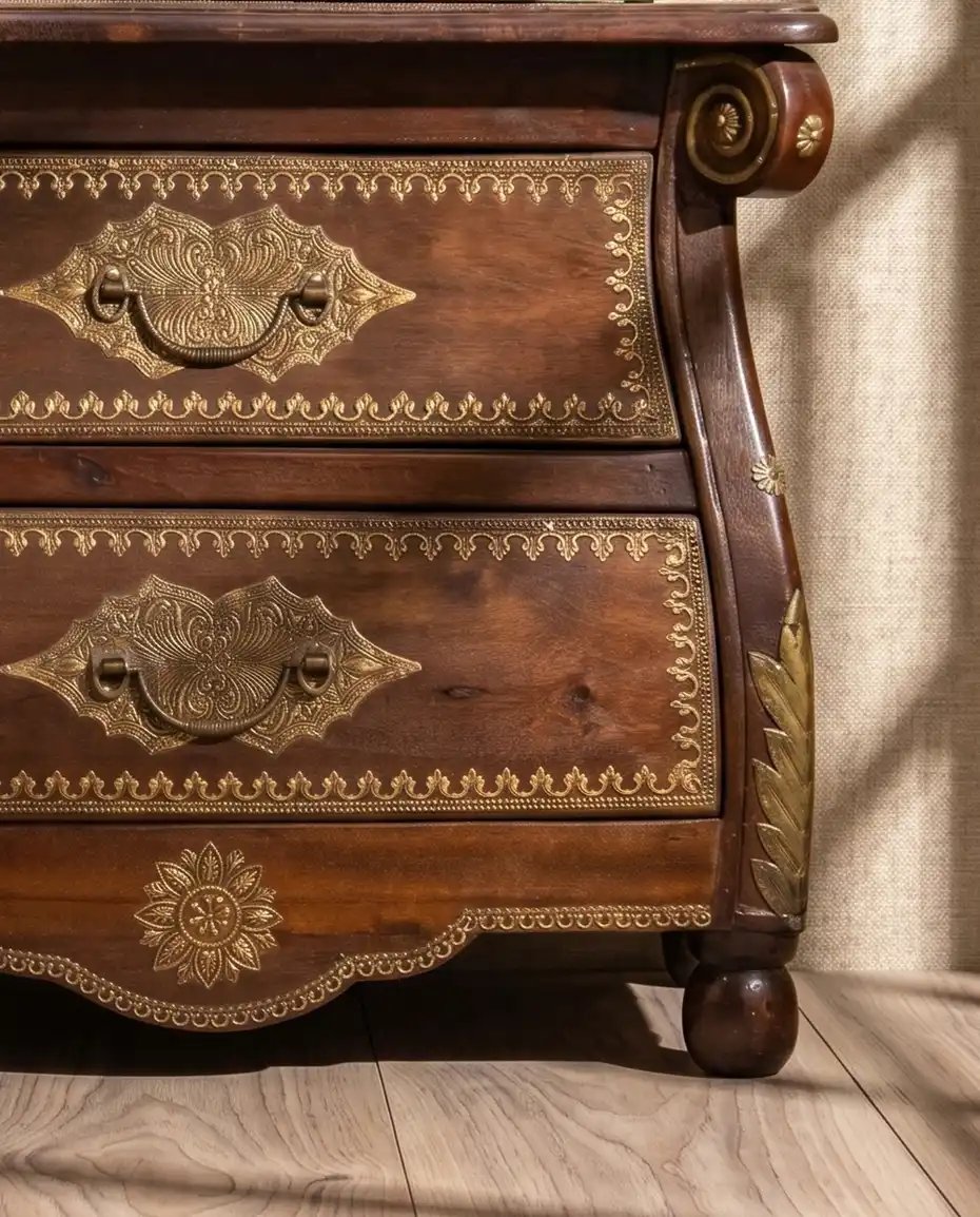 Colonial Style Bedside Cabinet with Indian Brass Artwork