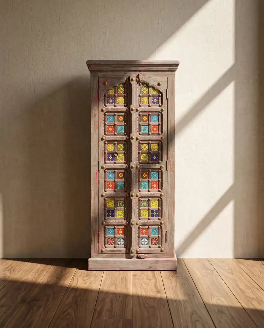 Wooden Tile Cabinet Distresed Grey and Pink