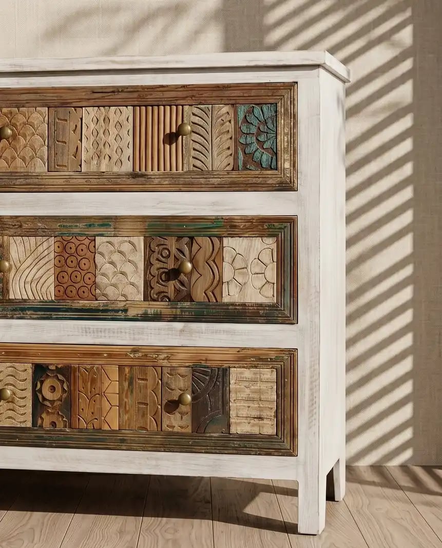 Chest with Natural Wood Drawers Distressed White
