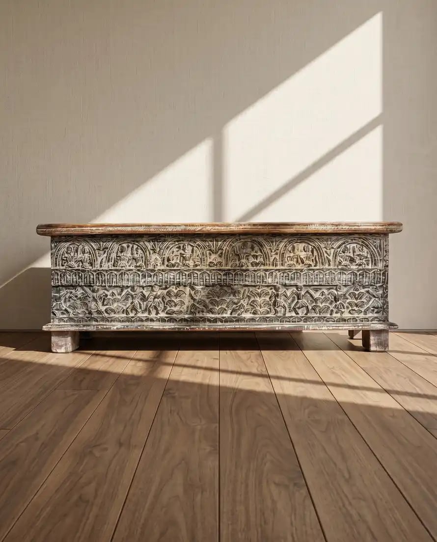 Antique White Wooden Carved Chest Box