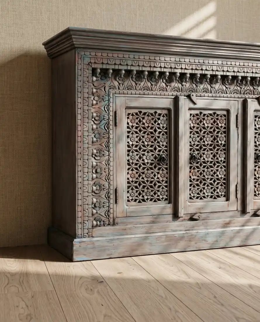 Wooden Carved Side Board - Blue/ Pink Distressed and Antiqued