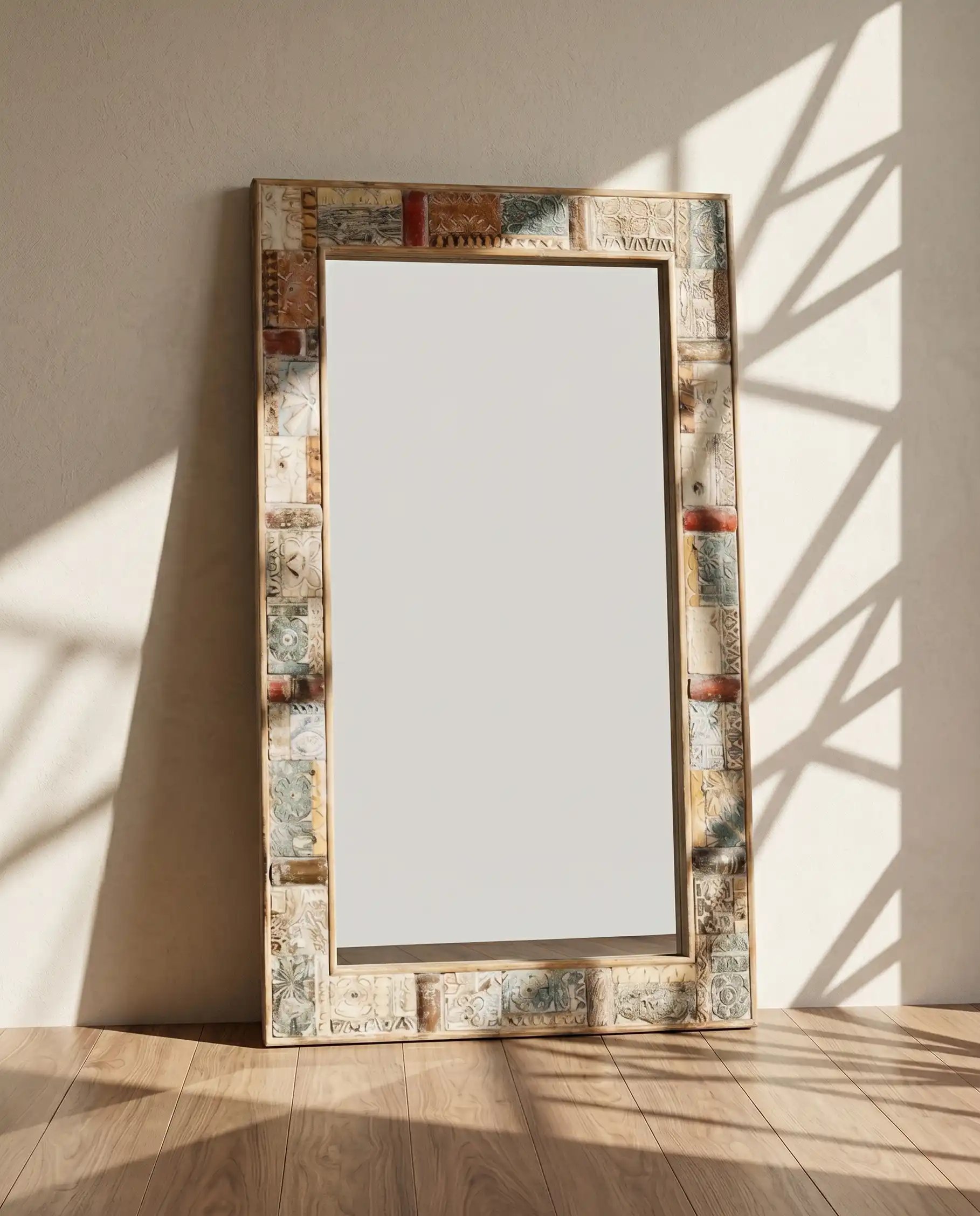 Reclaimed Carved Wood Mosaic Mirror Frame large