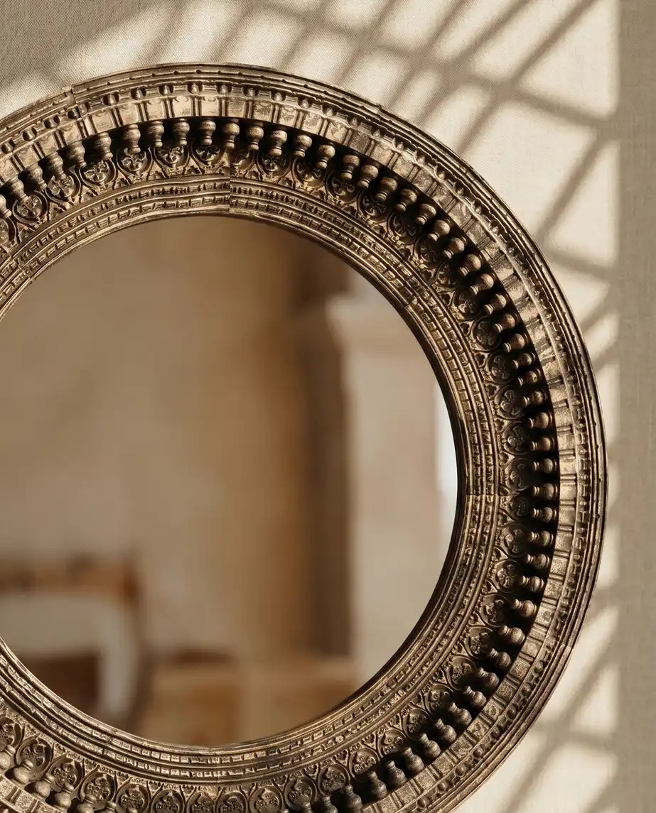 Antique Grey Hand Carved Round Mirror Frame