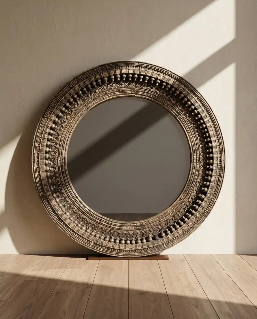 Antique Grey Hand Carved Round Mirror Frame