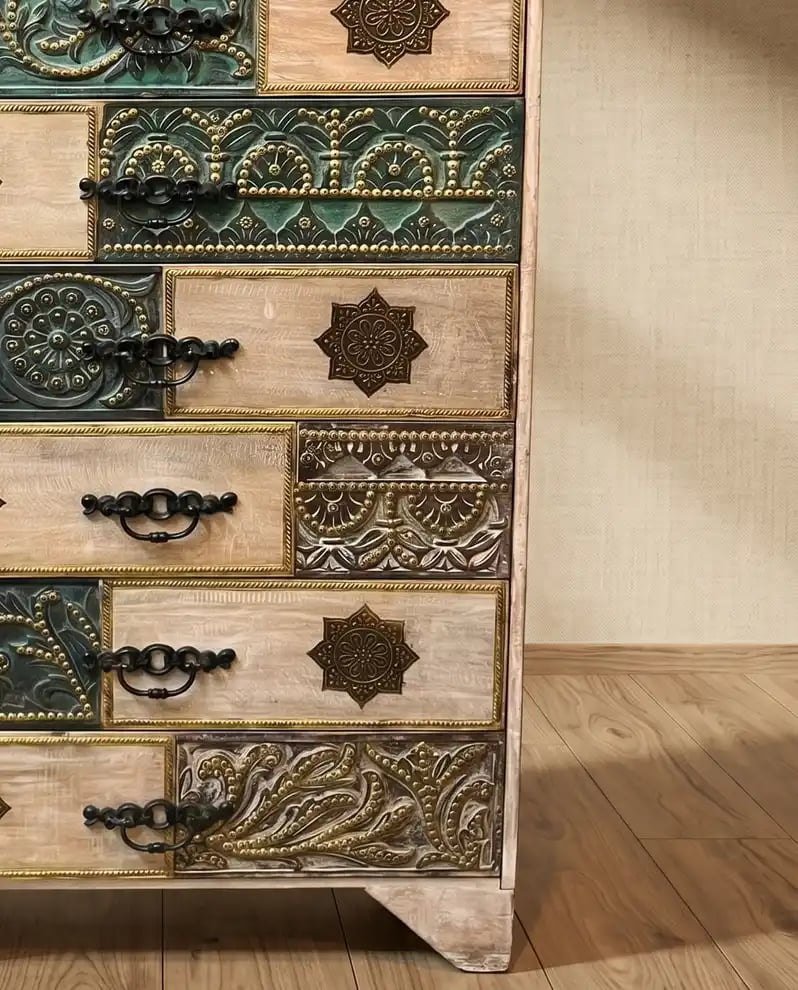 Brass & Natural Wood Wardrobe Cabinet – 5 Ft