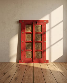 Wooden window brass art in red view