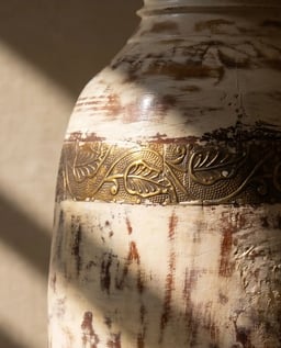 Handcrafted Distressed Blue Wooden Pot with Intricate Brass Detailing view