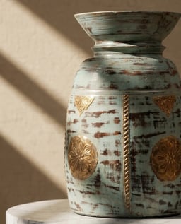Handcrafted White Distressed Wooden Matka with Intricate Brass Embossing view